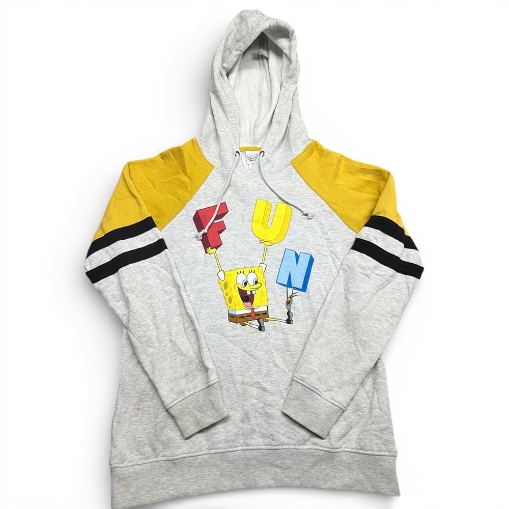 SpongeBob SquarePants FUN Song Graphic Hoodie Gray Yellow Raglan Large 2019